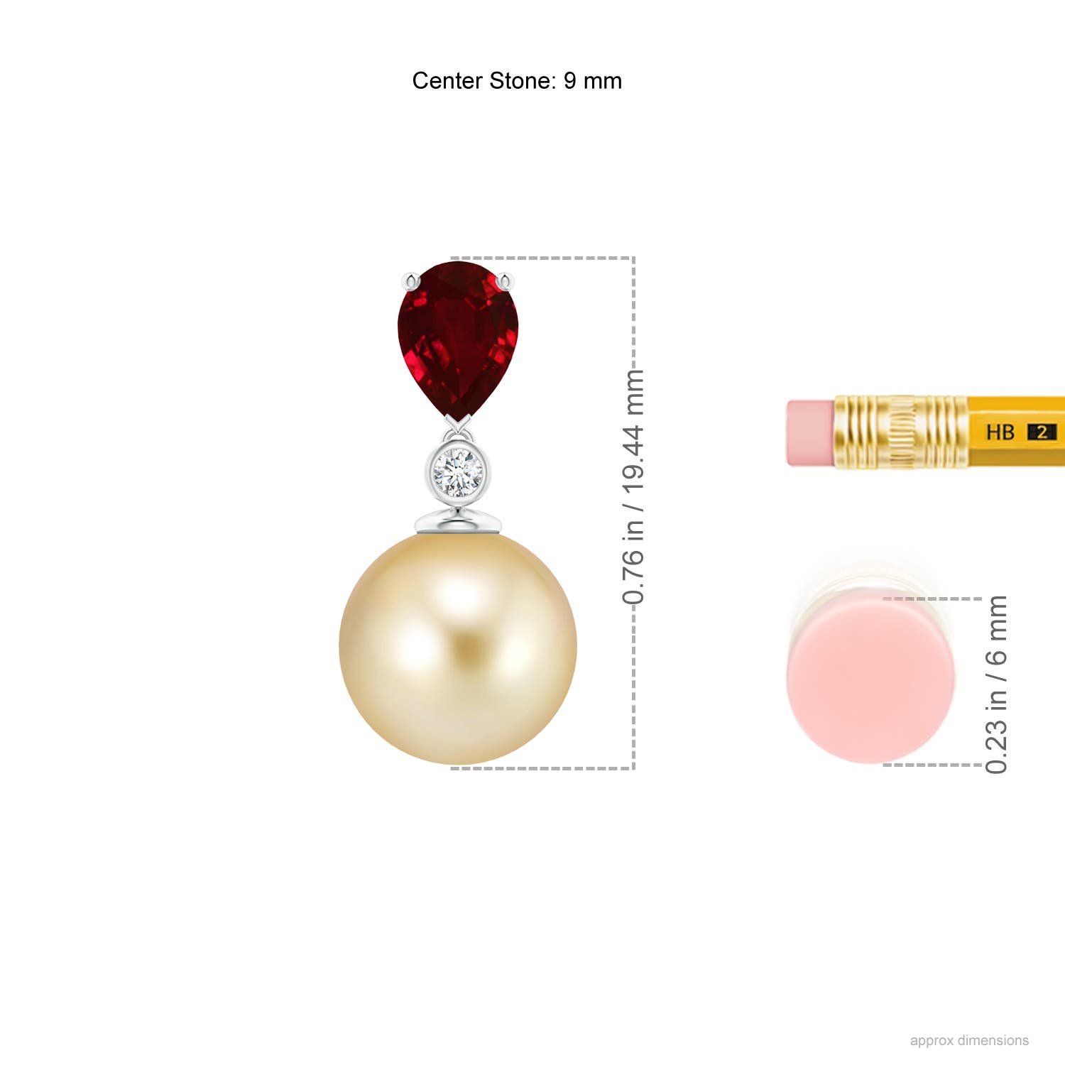 9mm AAAA Golden South Sea Pearl & Pear Ruby Drop Pendant in P950 Platinum - ruler