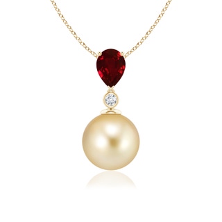 9mm AAAA Golden South Sea Pearl & Pear Ruby Drop Pendant in Yellow Gold
