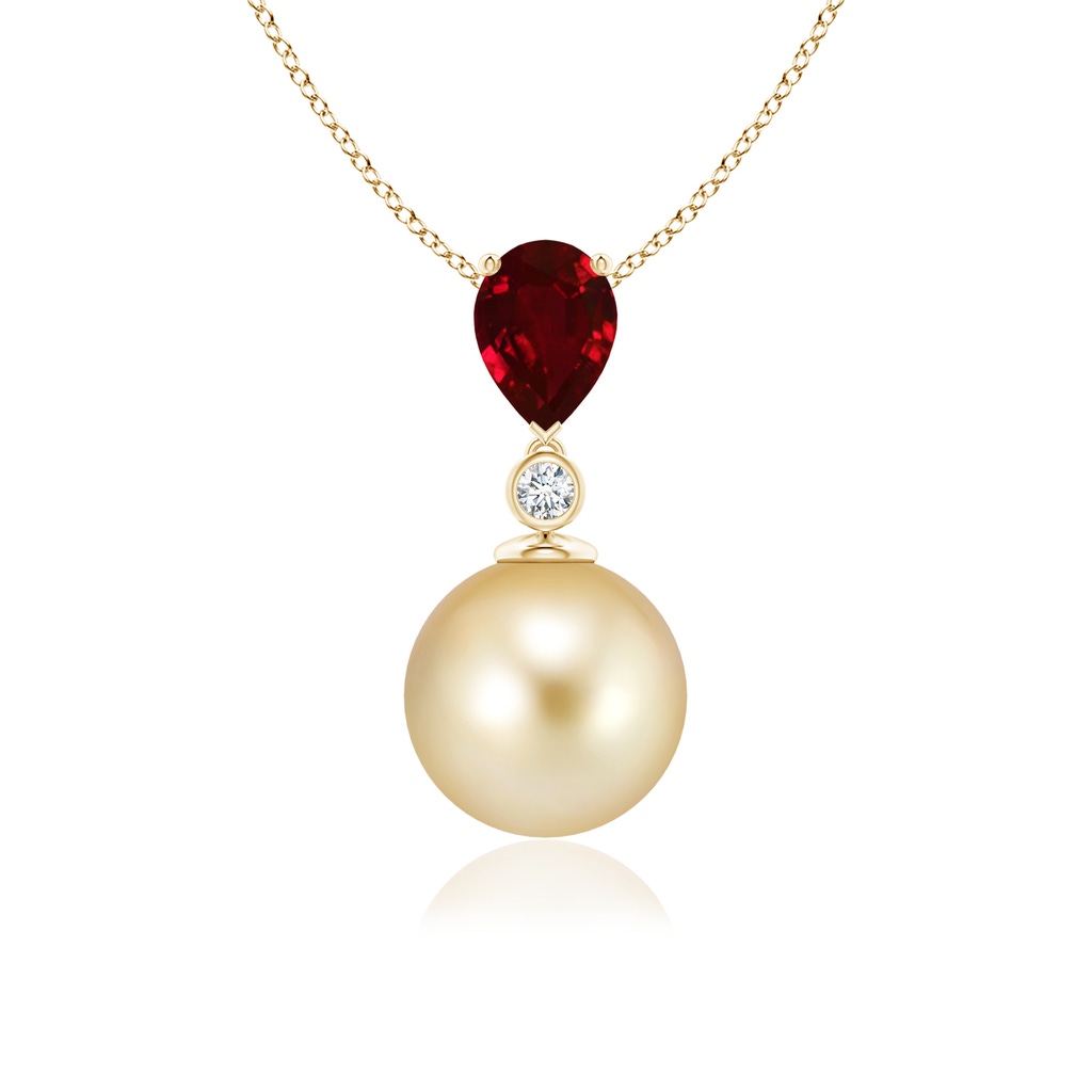 9mm AAAA Golden South Sea Pearl & Pear Ruby Drop Pendant in Yellow Gold
