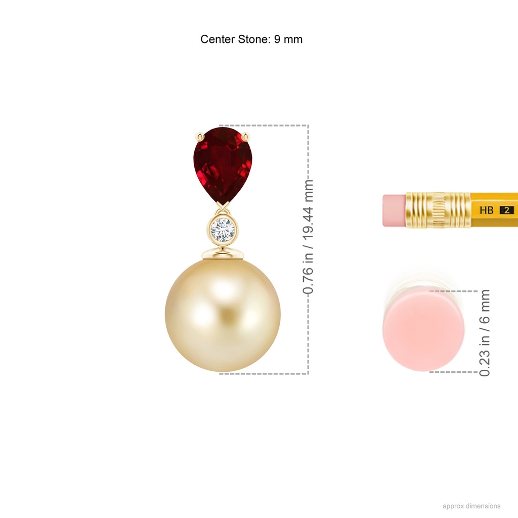 9mm AAAA Golden South Sea Pearl & Pear Ruby Drop Pendant in Yellow Gold Ruler