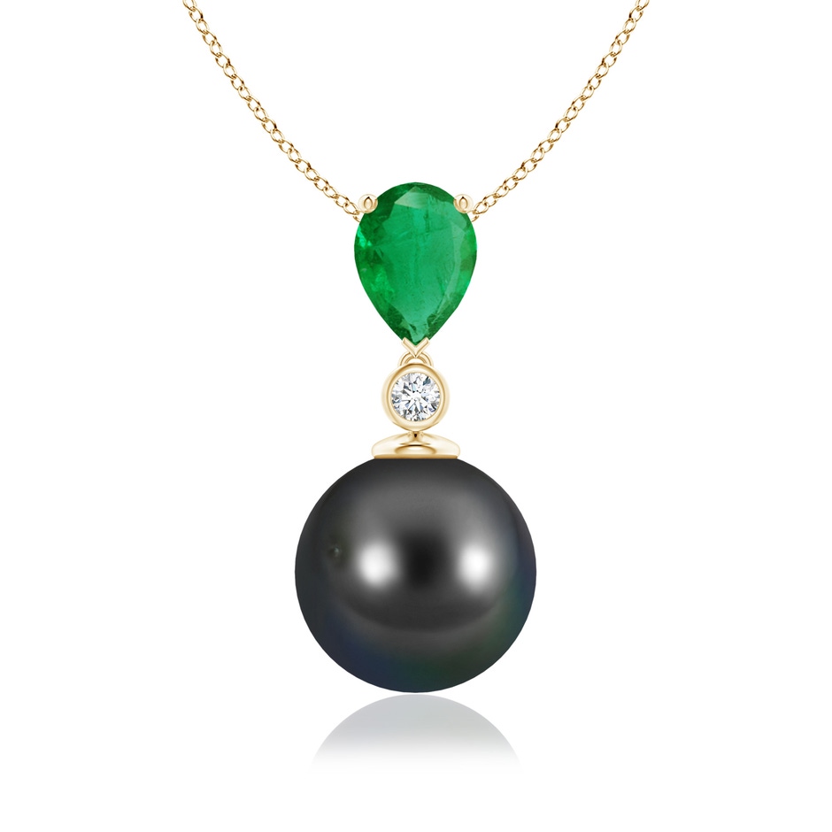 10mm AA Tahitian Pearl & Pear Emerald Drop Pendant in Yellow Gold 
