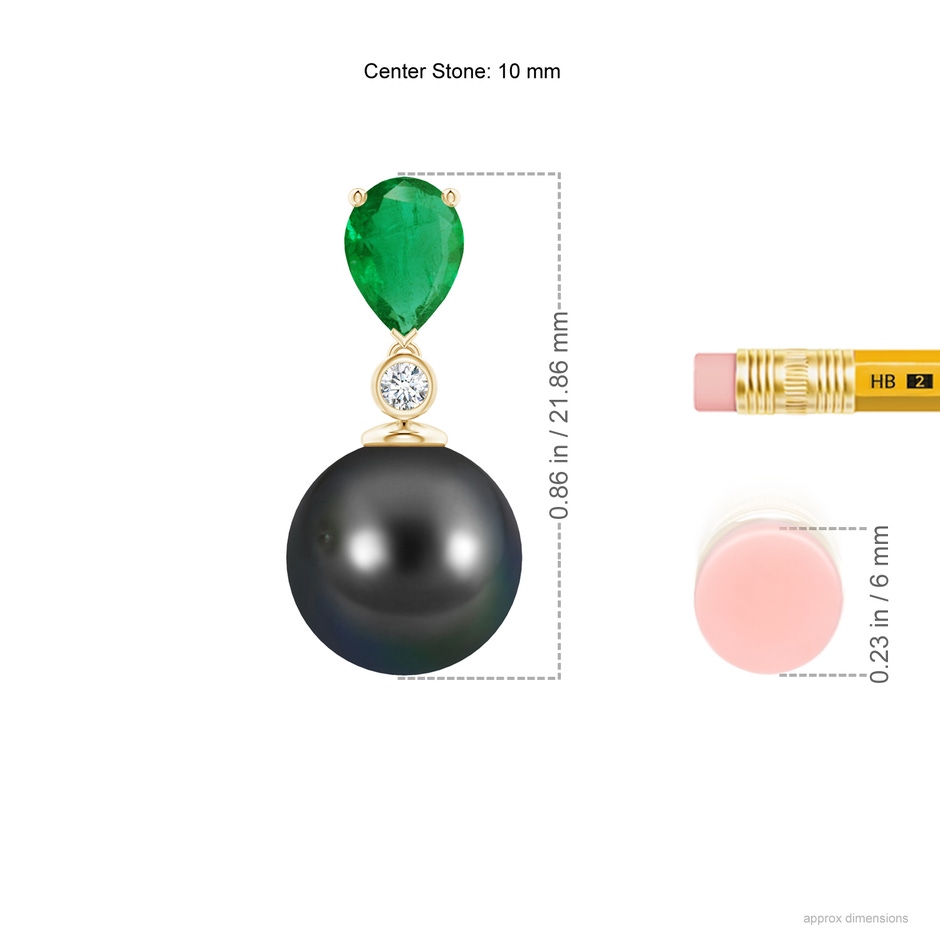 10mm AA Tahitian Pearl & Pear Emerald Drop Pendant in Yellow Gold ruler