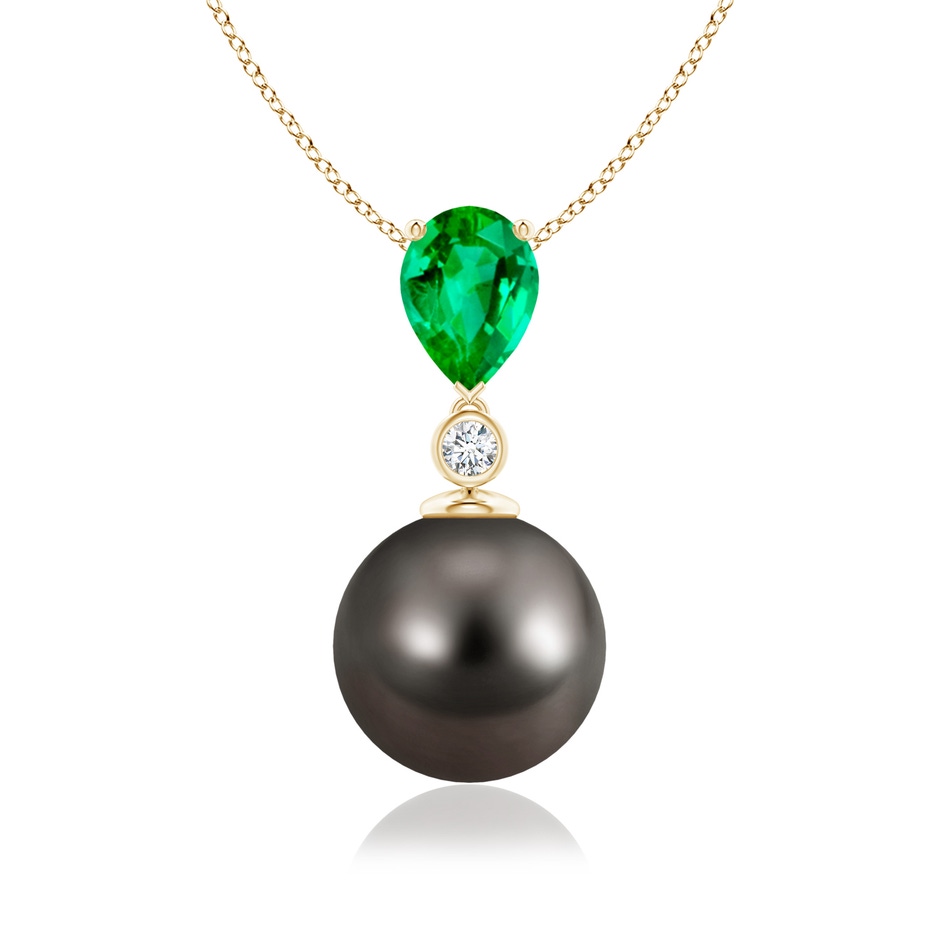 10mm AAA Tahitian Pearl & Pear Emerald Drop Pendant in Yellow Gold 