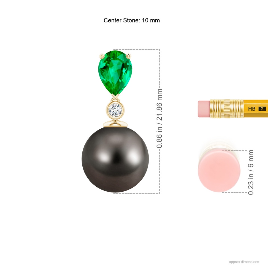10mm AAA Tahitian Pearl & Pear Emerald Drop Pendant in Yellow Gold ruler