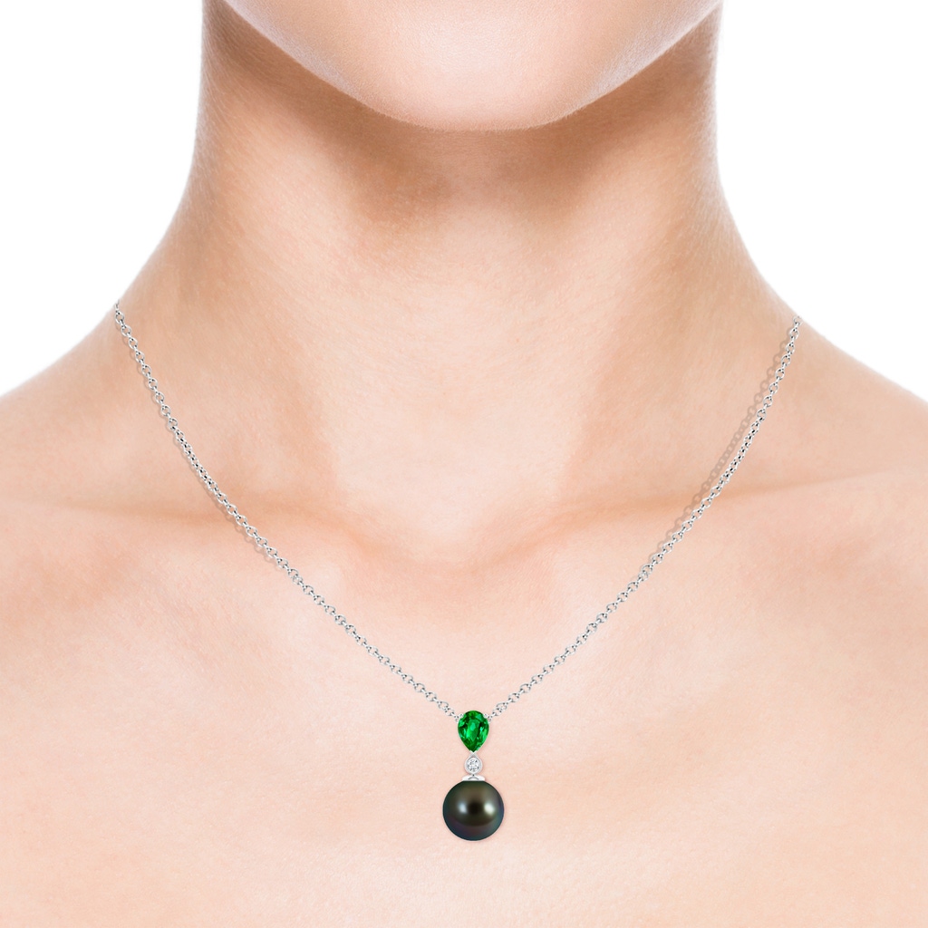 10mm AAAA Tahitian Pearl & Pear Emerald Drop Pendant in P950 Platinum Body-Neck