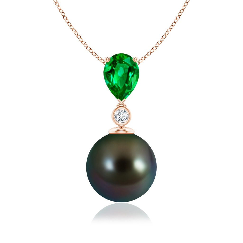 10mm AAAA Tahitian Pearl & Pear Emerald Drop Pendant in Rose Gold