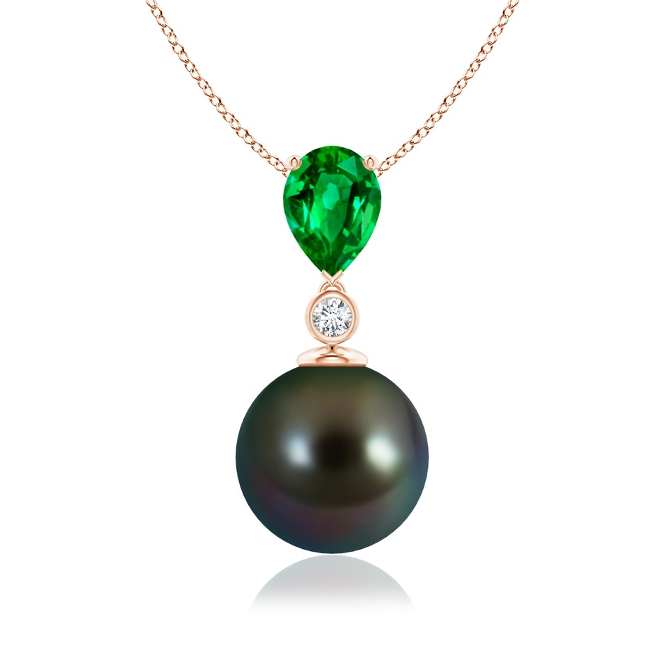 10mm AAAA Tahitian Pearl & Pear Emerald Drop Pendant in Rose Gold 