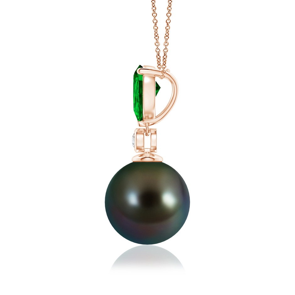 10mm AAAA Tahitian Pearl & Pear Emerald Drop Pendant in Rose Gold side 1