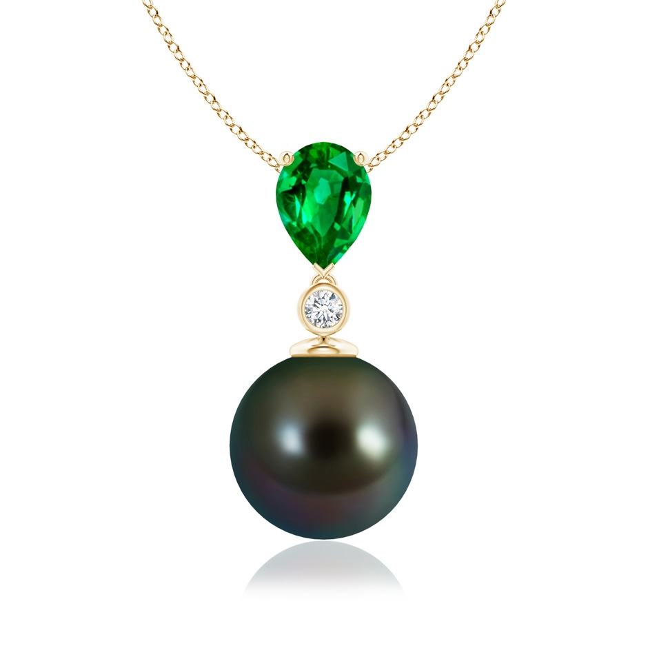 10mm AAAA Tahitian Pearl & Pear Emerald Drop Pendant in Yellow Gold 