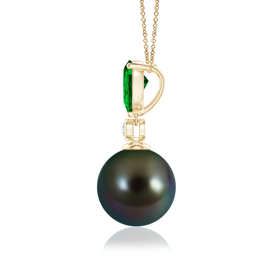 10mm AAAA Tahitian Pearl & Pear Emerald Drop Pendant in Yellow Gold side 1
