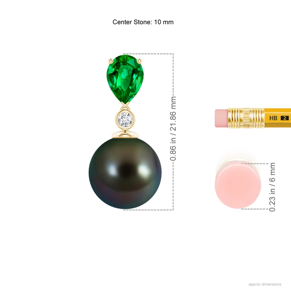 10mm AAAA Tahitian Pearl & Pear Emerald Drop Pendant in Yellow Gold ruler