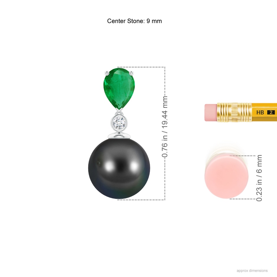 9mm AA Tahitian Pearl & Pear Emerald Drop Pendant in P950 Platinum ruler