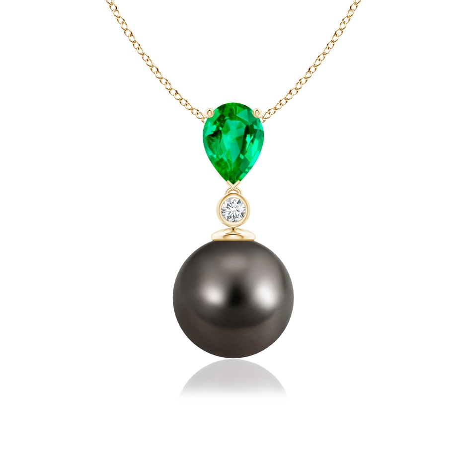 9mm AAA Tahitian Pearl & Pear Emerald Drop Pendant in Yellow Gold 
