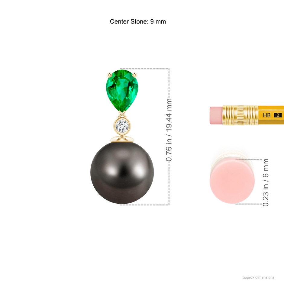 9mm AAA Tahitian Pearl & Pear Emerald Drop Pendant in Yellow Gold ruler