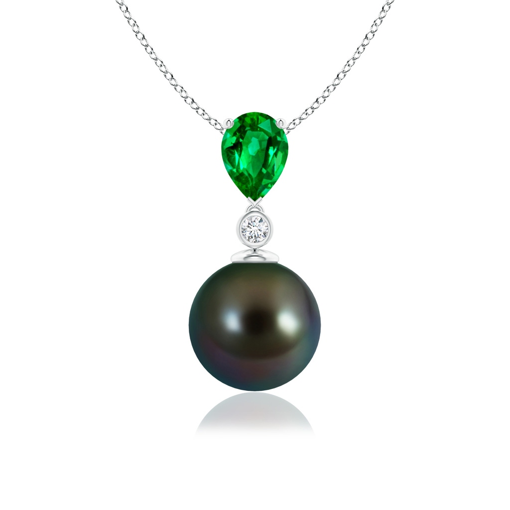 9mm AAAA Tahitian Pearl & Pear Emerald Drop Pendant in White Gold