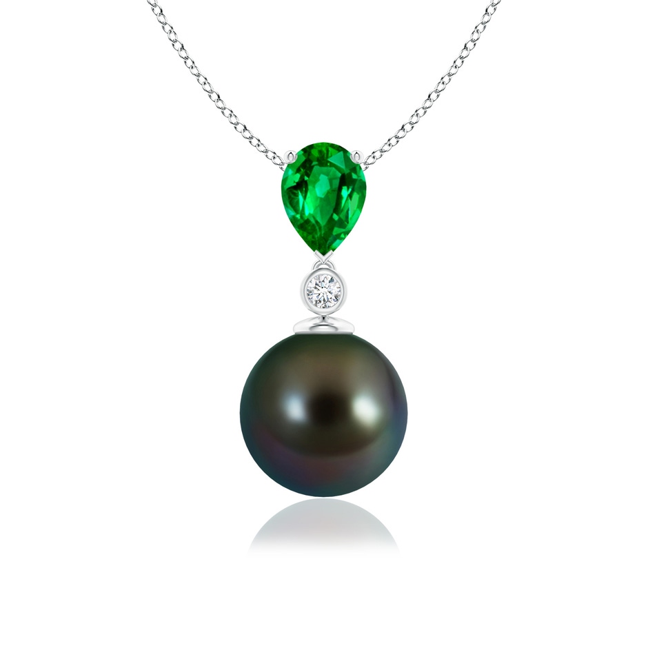 9mm AAAA Tahitian Pearl & Pear Emerald Drop Pendant in White Gold 