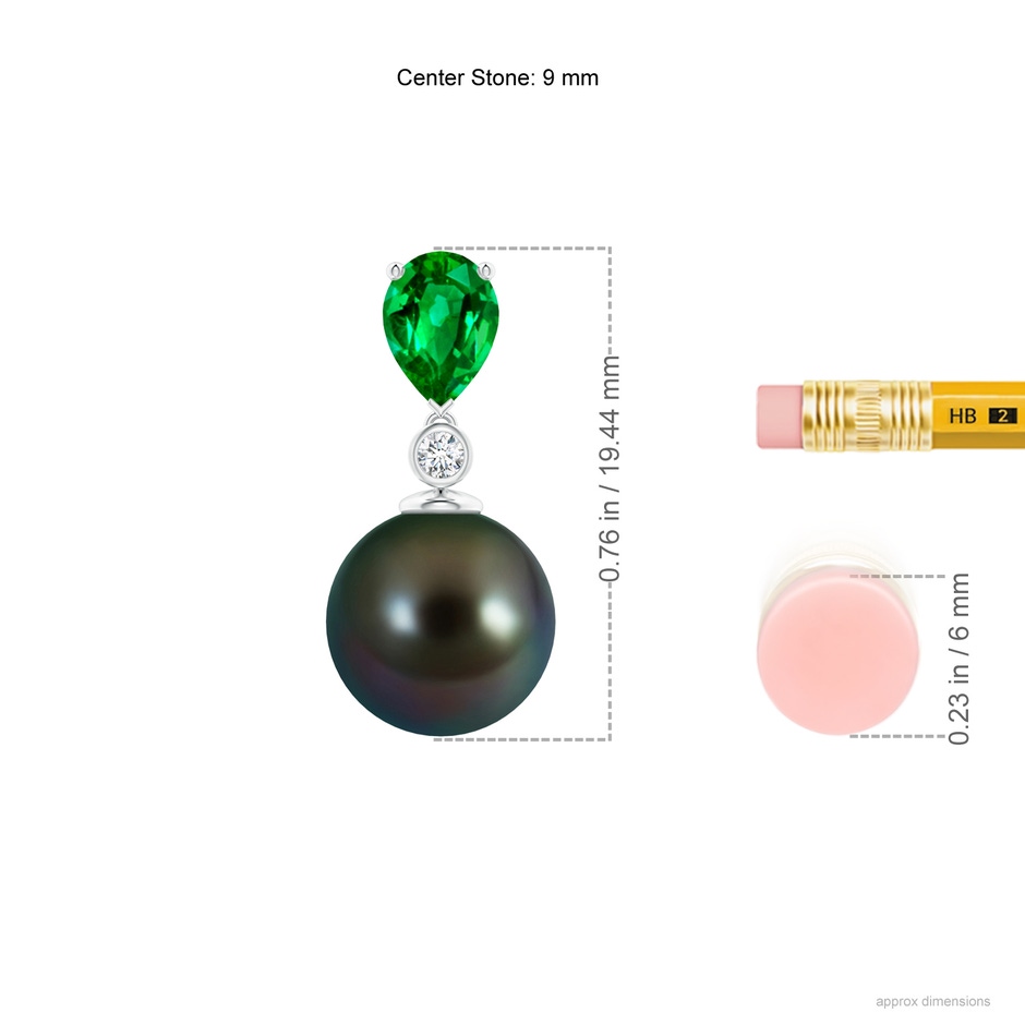 9mm AAAA Tahitian Pearl & Pear Emerald Drop Pendant in White Gold ruler