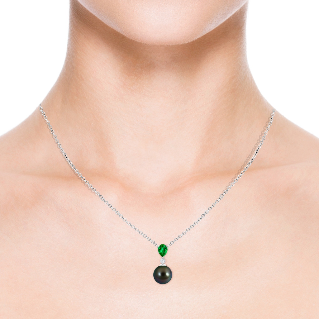9mm AAAA Tahitian Pearl & Pear Emerald Drop Pendant in White Gold - body_neck