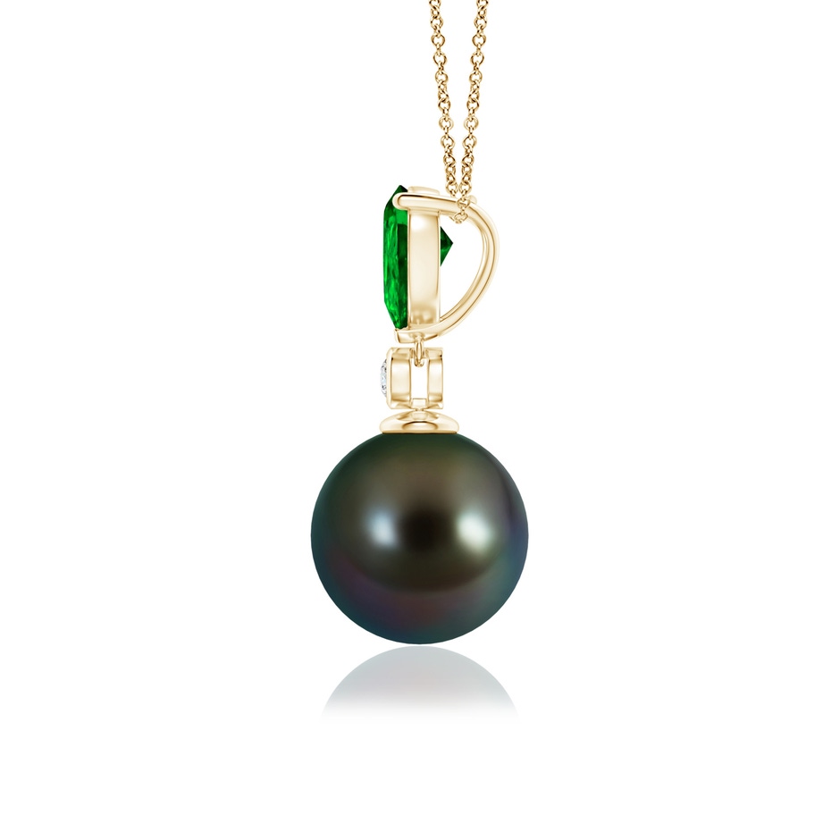 9mm AAAA Tahitian Pearl & Pear Emerald Drop Pendant in Yellow Gold side 1