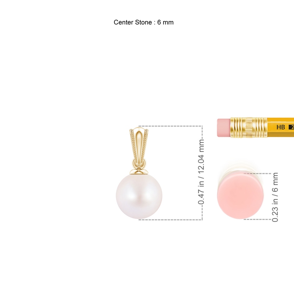 6mm AA Japanese Akoya Pearl Pendant with Ornate Bale in Yellow Gold ruler