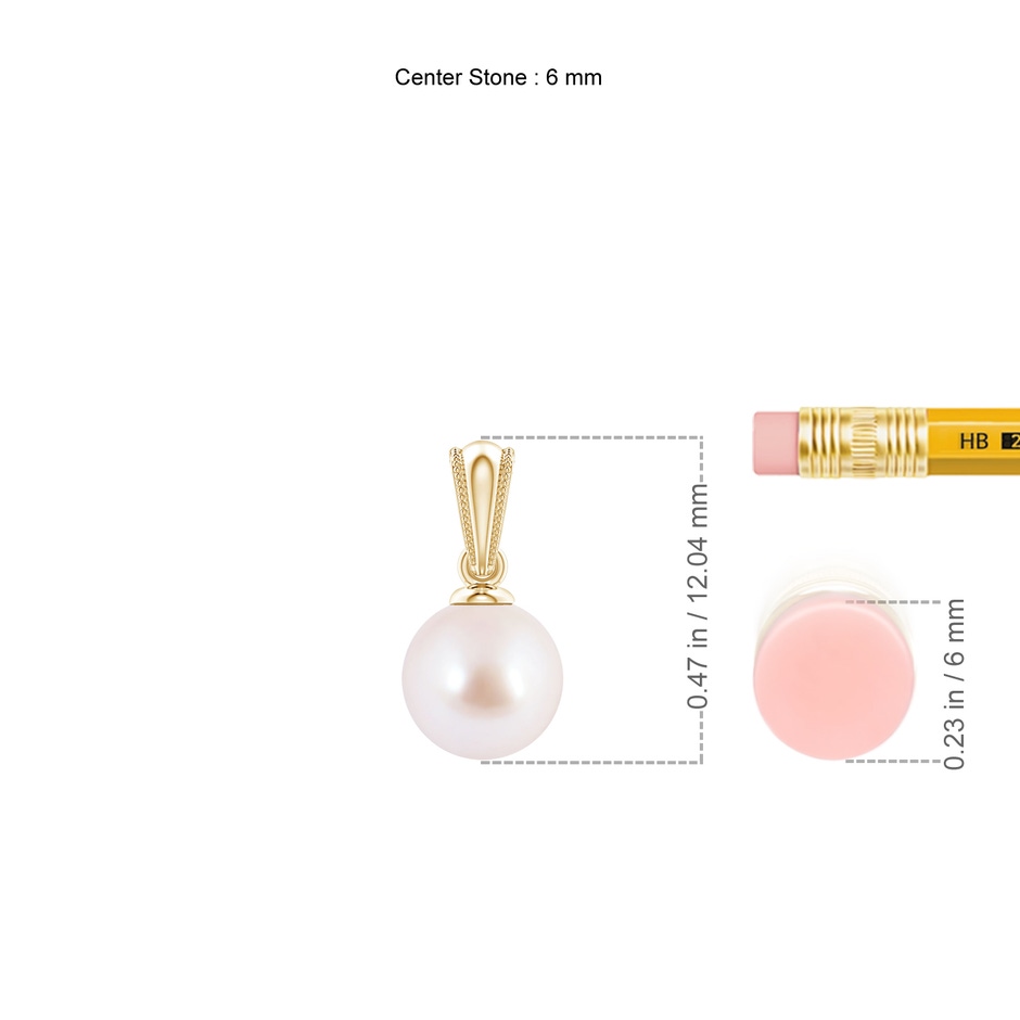6mm AAA Japanese Akoya Pearl Pendant with Ornate Bale in 18K Yellow Gold ruler