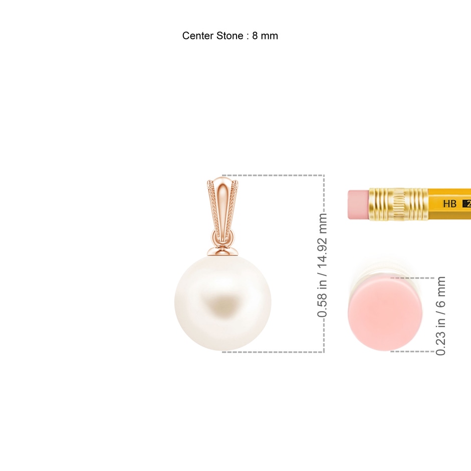 8mm AAA Freshwater Pearl Pendant with Ornate Bale in Rose Gold ruler