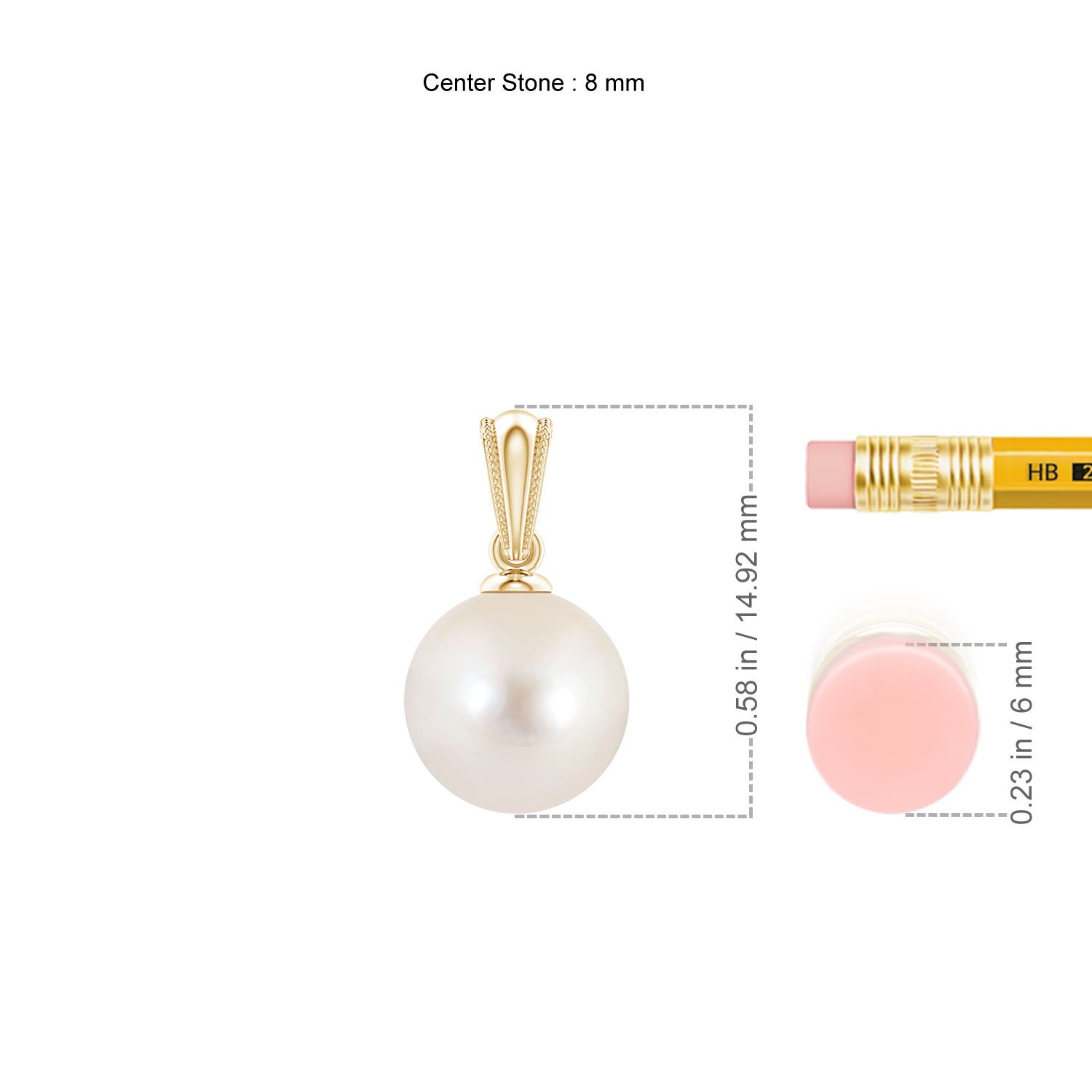 8mm AAAA Freshwater Pearl Pendant with Ornate Bale in Yellow Gold - ruler