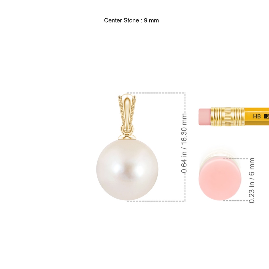 9mm AAAA Freshwater Pearl Pendant with Ornate Bale in Yellow Gold ruler