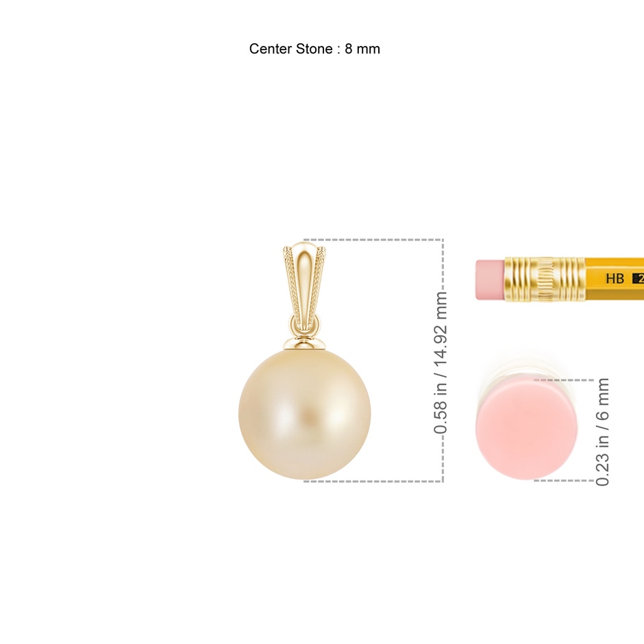 8mm AA Golden South Sea Pearl Ornate Bale Pendant in Yellow Gold ruler