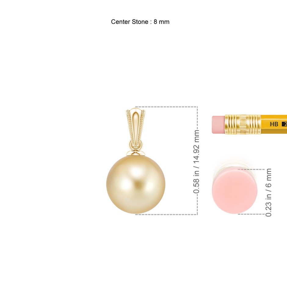 8mm AAAA Golden South Sea Pearl Ornate Bale Pendant in 18K Yellow Gold ruler