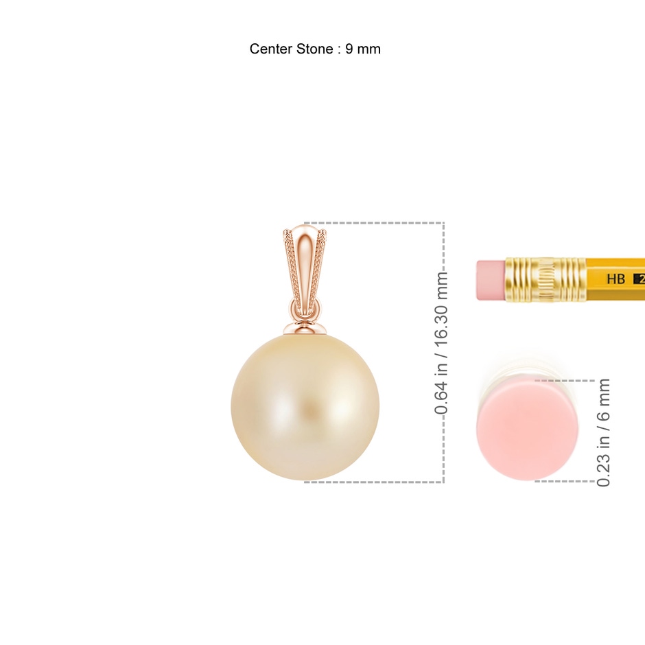 9mm AA Golden South Sea Pearl Ornate Bale Pendant in Rose Gold ruler