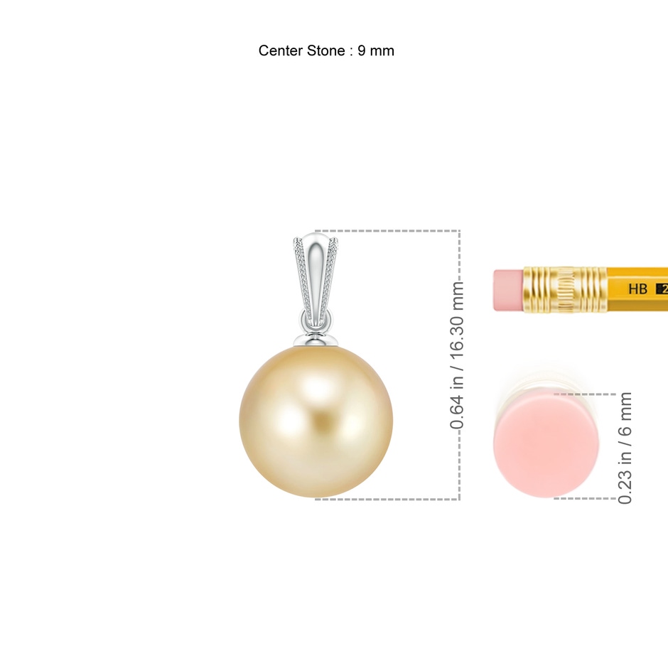 9mm AAAA Golden South Sea Pearl Ornate Bale Pendant in P950 Platinum ruler