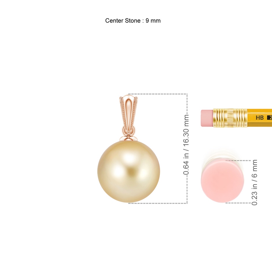 9mm AAAA Golden South Sea Pearl Ornate Bale Pendant in Rose Gold ruler
