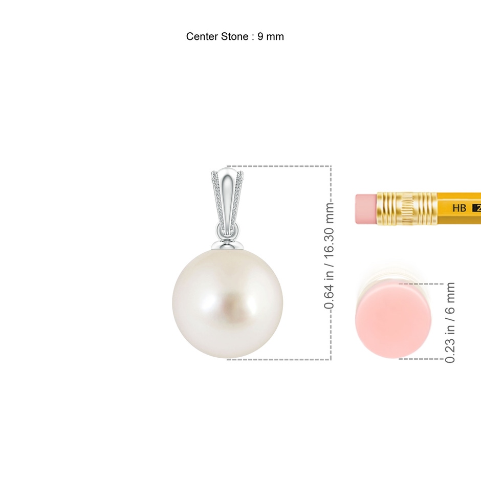 9mm AAAA South Sea Pearl Pendant with Ornate Bale in 9K White Gold ruler