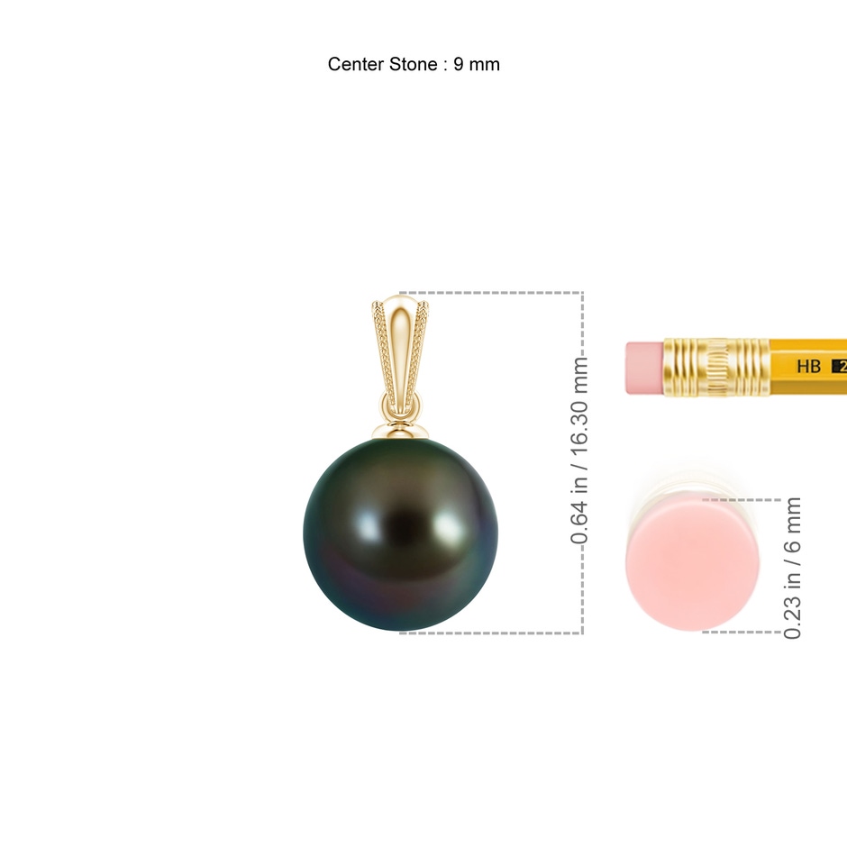9mm AAAA Tahitian Pearl Pendant with Ornate Bale in 18K Yellow Gold ruler