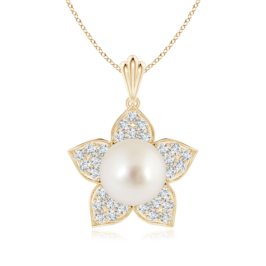 8mm AAAA South Sea Pearl and Diamond Floral Pendant in Yellow Gold