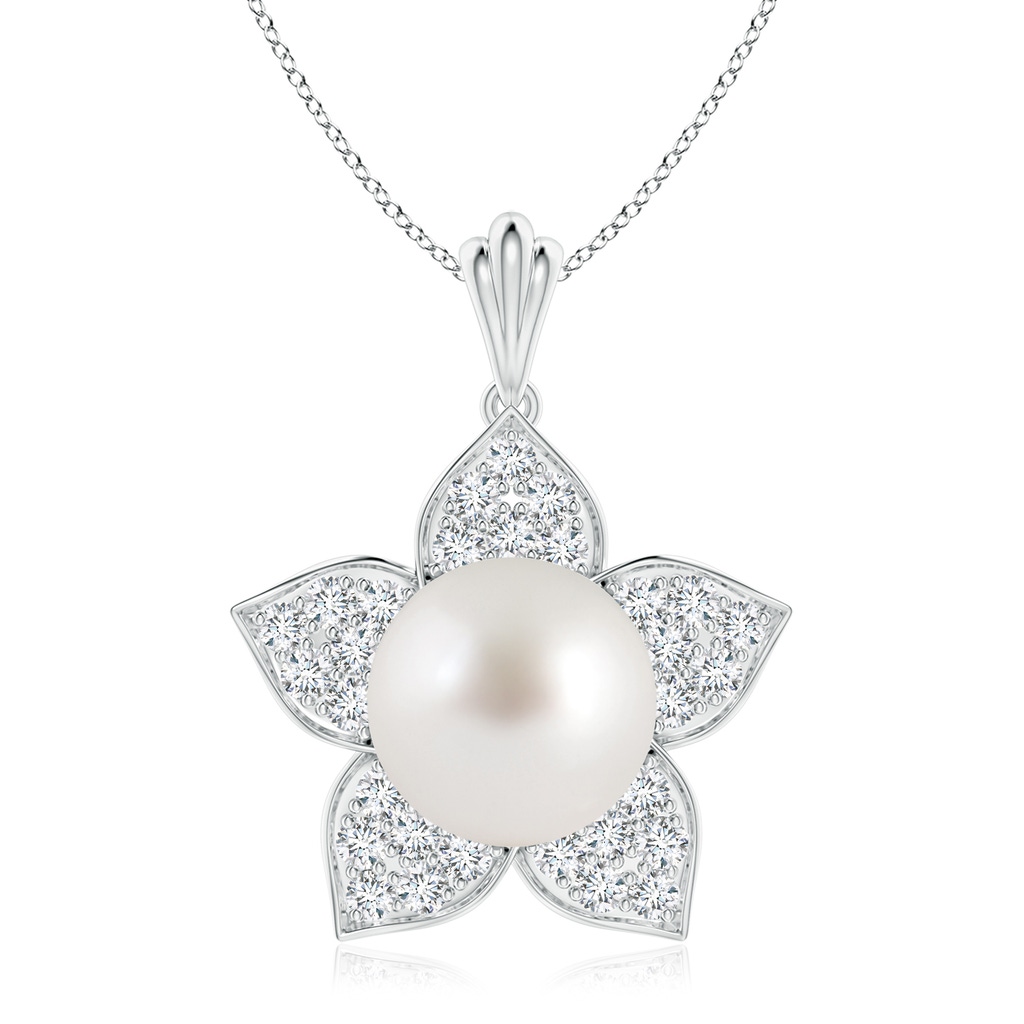 9mm AAA South Sea Pearl and Diamond Floral Pendant in White Gold 