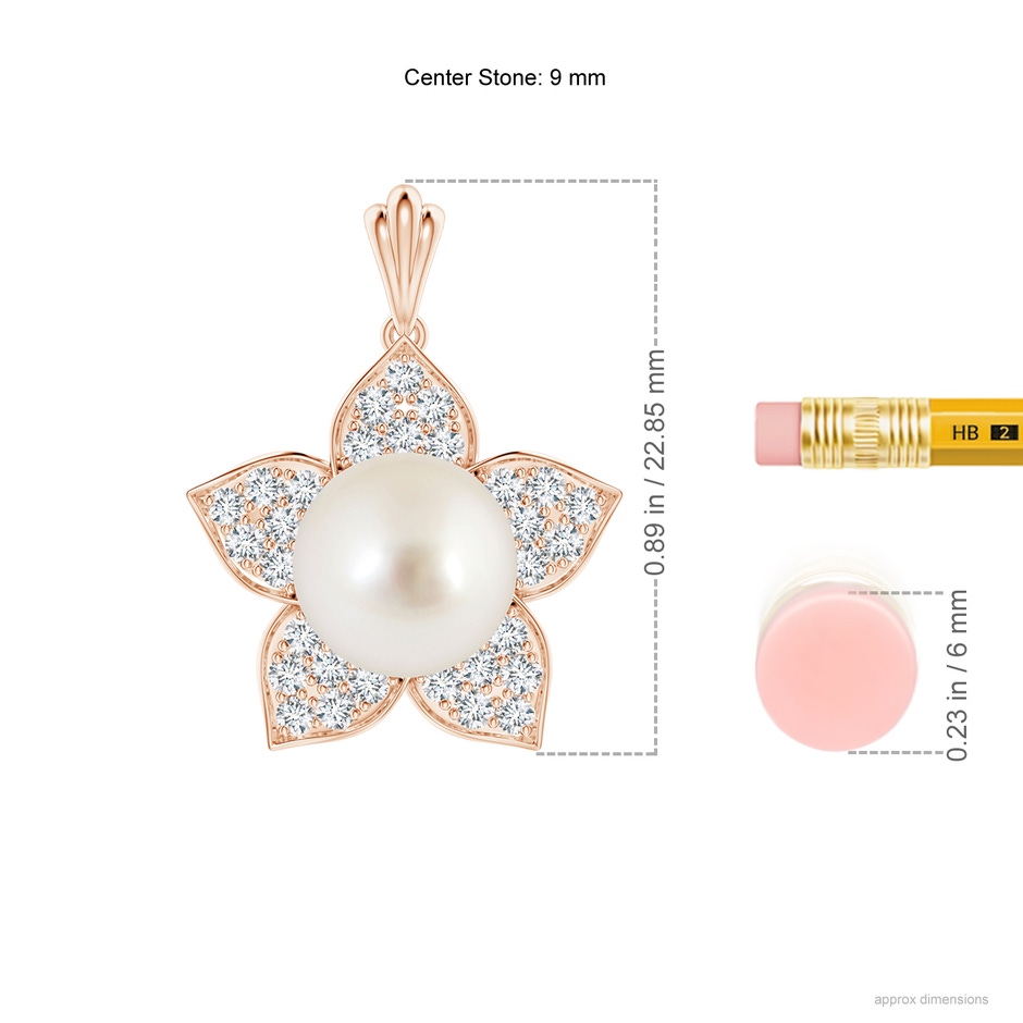 9mm AAAA South Sea Pearl and Diamond Floral Pendant in Rose Gold ruler