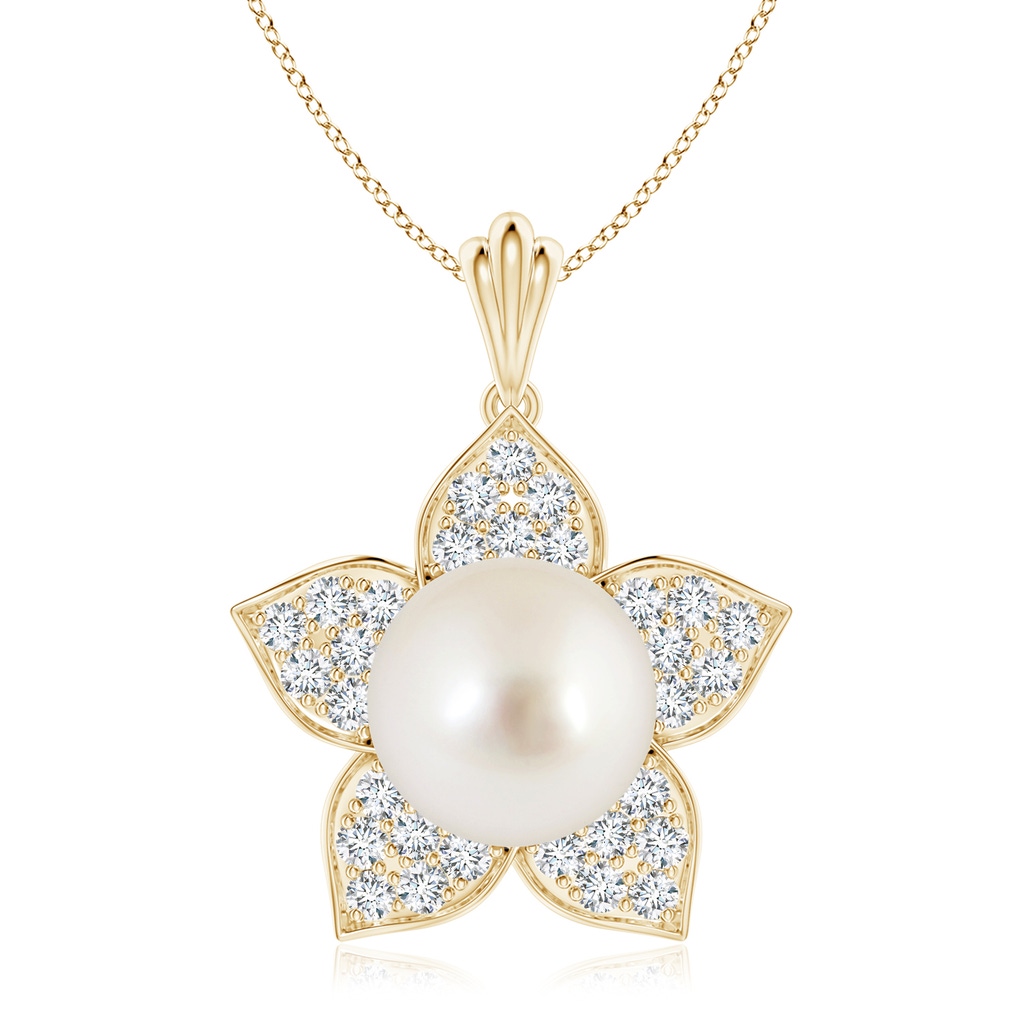 9mm AAAA South Sea Pearl and Diamond Floral Pendant in Yellow Gold