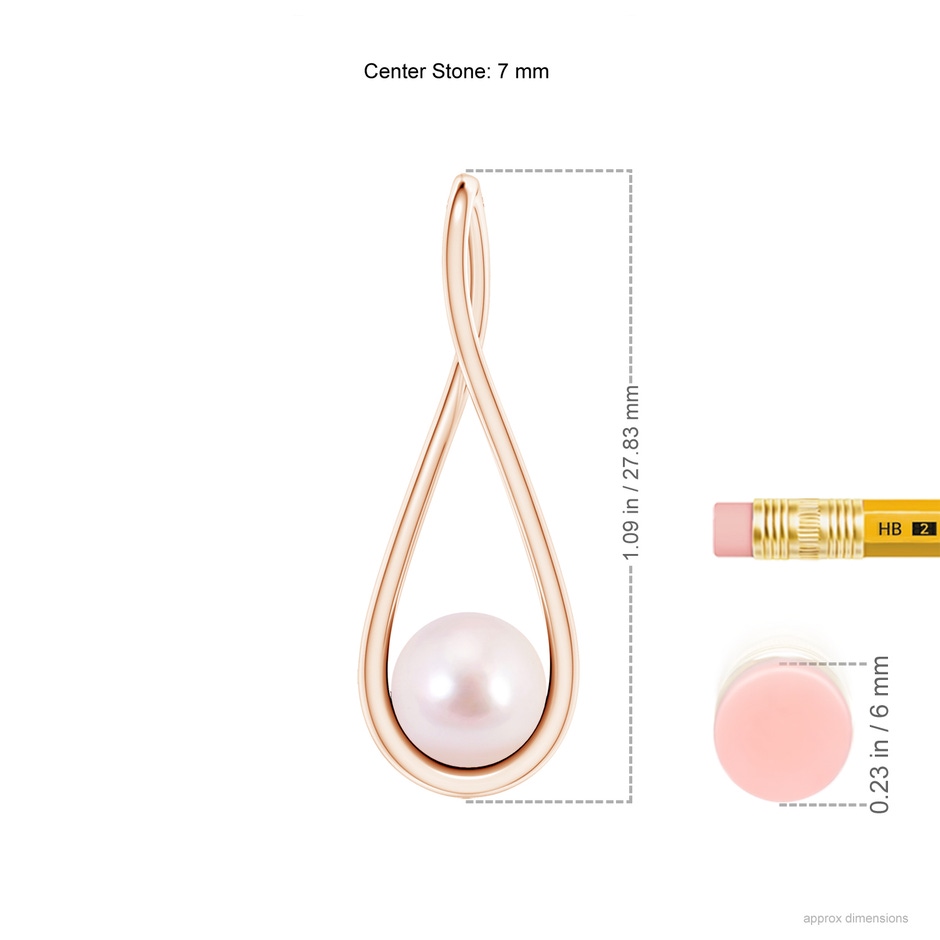7mm AAAA Solitaire Japanese Akoya Pearl Cradle Pendant in Rose Gold ruler