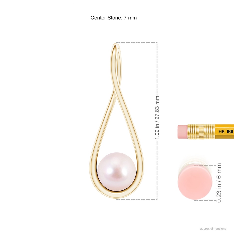 7mm AAAA Solitaire Japanese Akoya Pearl Cradle Pendant in Yellow Gold ruler