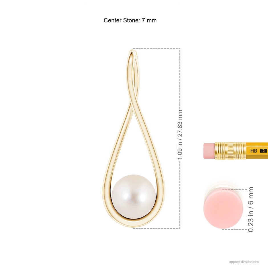 7mm AAAA Solitaire Freshwater Pearl Cradle Pendant in Yellow Gold ruler