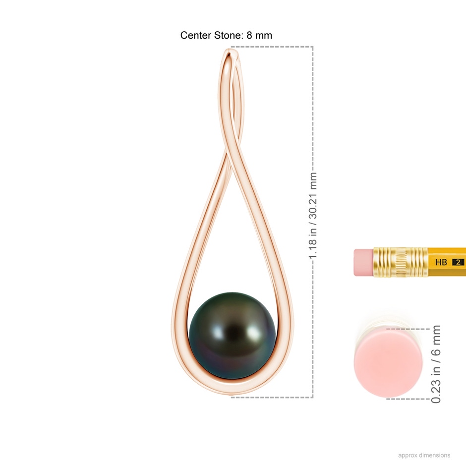 8mm AAAA Solitaire Tahitian Pearl Cradle Pendant in Rose Gold ruler