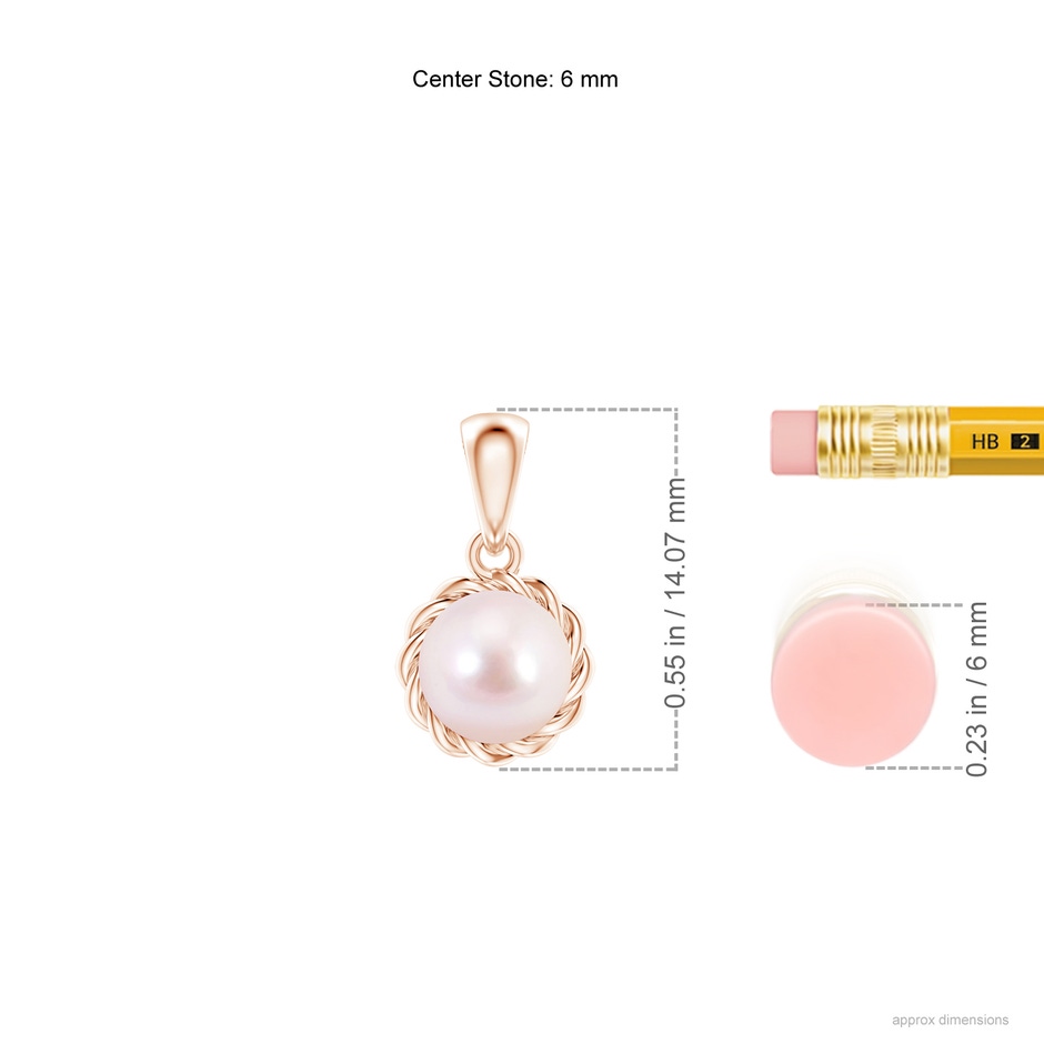 6mm AAAA Rope-Framed Japanese Akoya Pearl Pendant in Rose Gold ruler