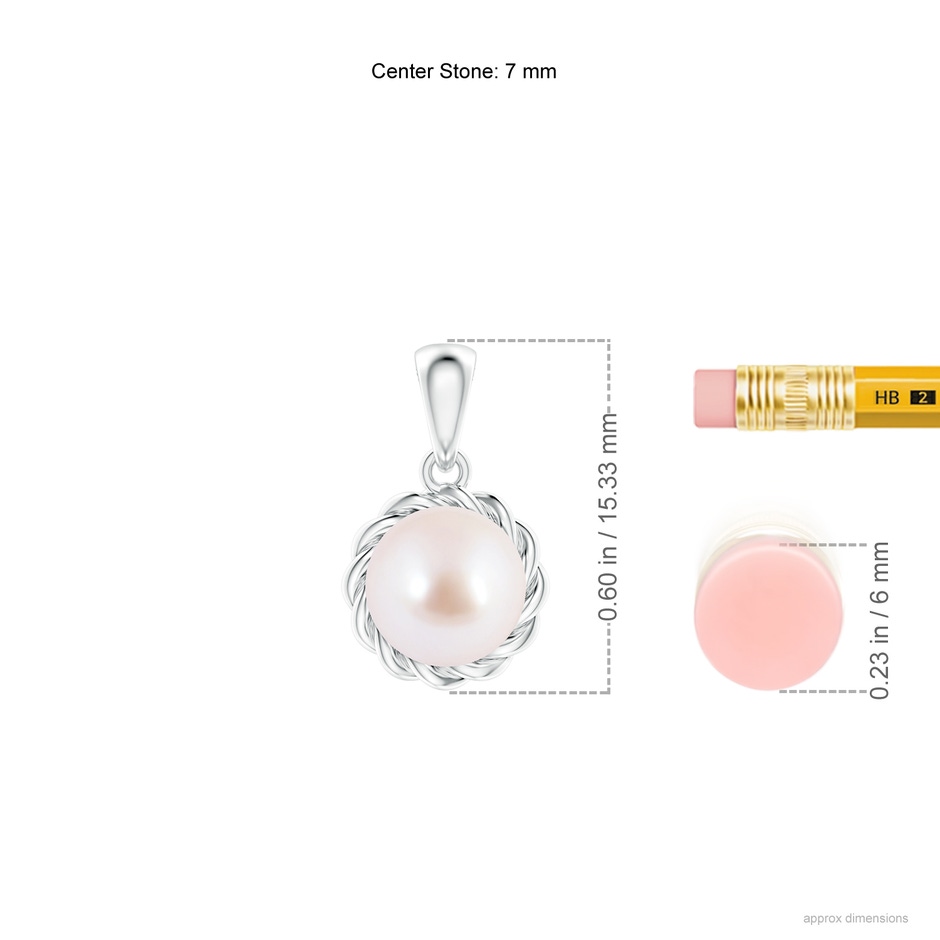 7mm AAA Rope-Framed Japanese Akoya Pearl Pendant in White Gold ruler
