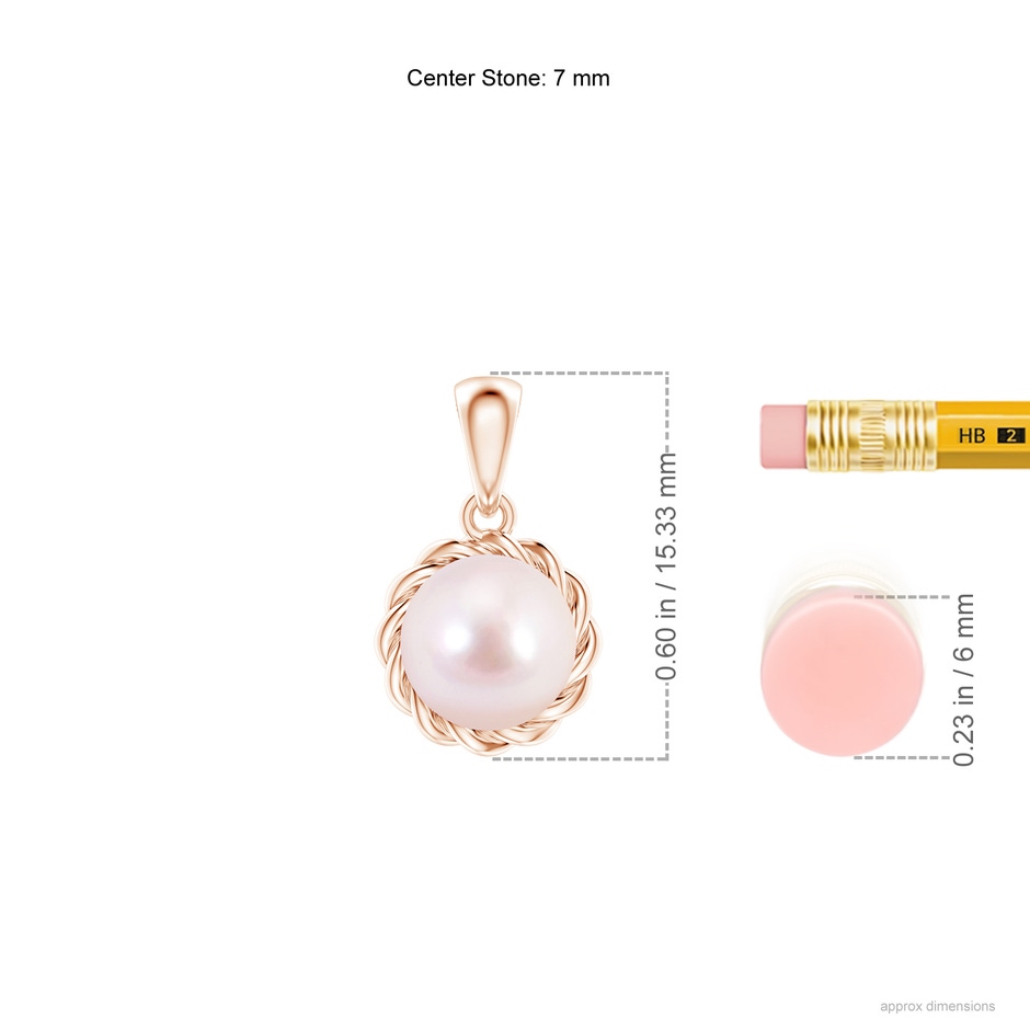 7mm AAAA Rope-Framed Japanese Akoya Pearl Pendant in Rose Gold ruler