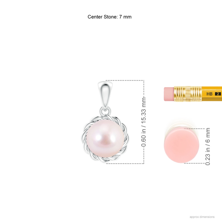7mm AAAA Rope-Framed Japanese Akoya Pearl Pendant in White Gold ruler