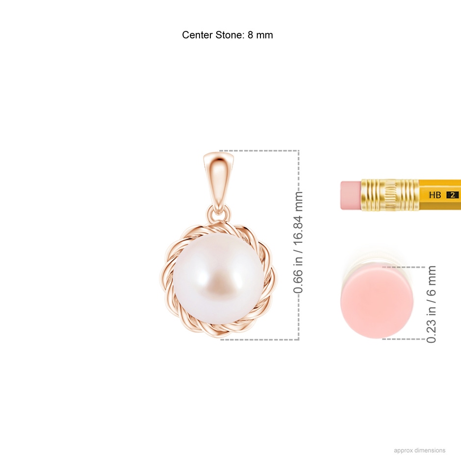 8mm AAA Rope-Framed Japanese Akoya Pearl Pendant in Rose Gold ruler