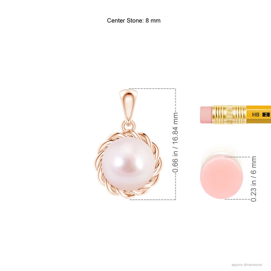 8mm AAAA Rope-Framed Japanese Akoya Pearl Pendant in Rose Gold ruler
