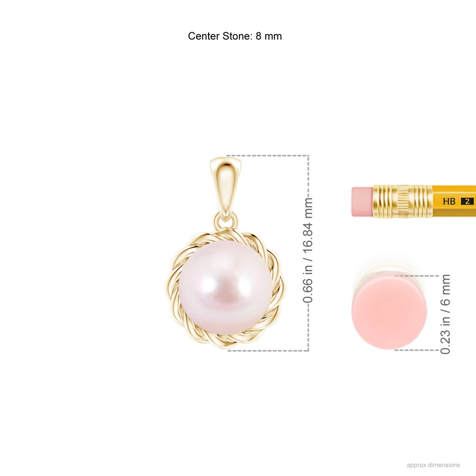 8mm AAAA Rope-Framed Japanese Akoya Pearl Pendant in Yellow Gold ruler